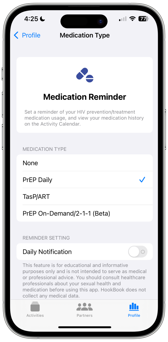 HookBook medication calendar and activity history